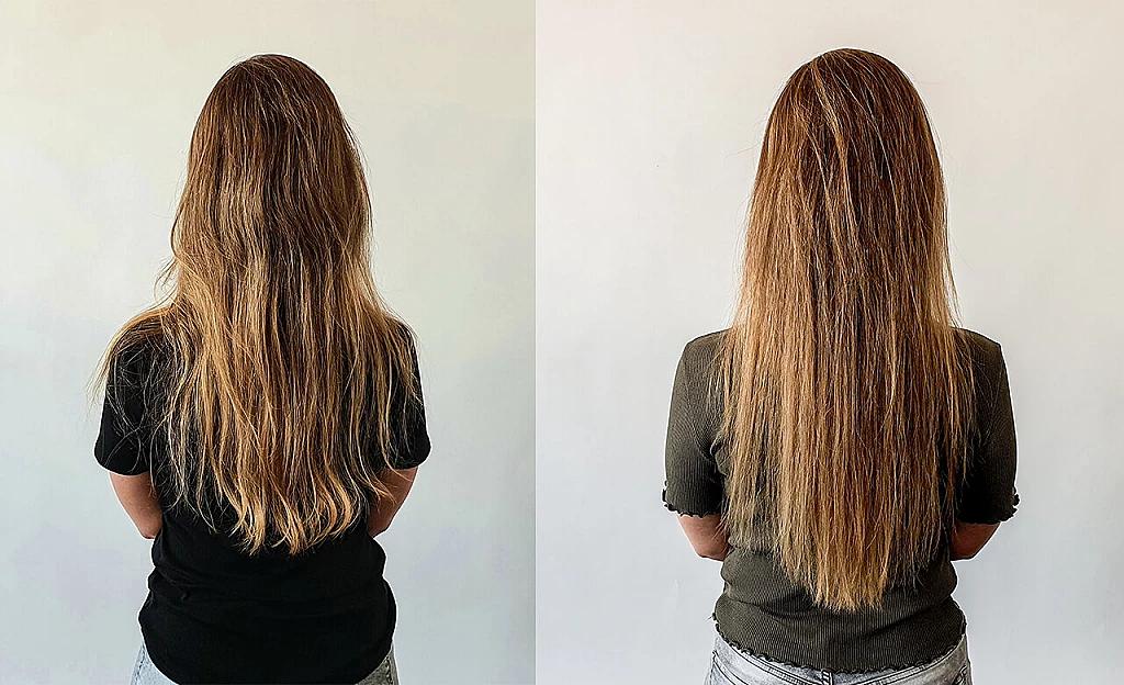 Before and after comparison of the Olaplex 8 test, hair from behind