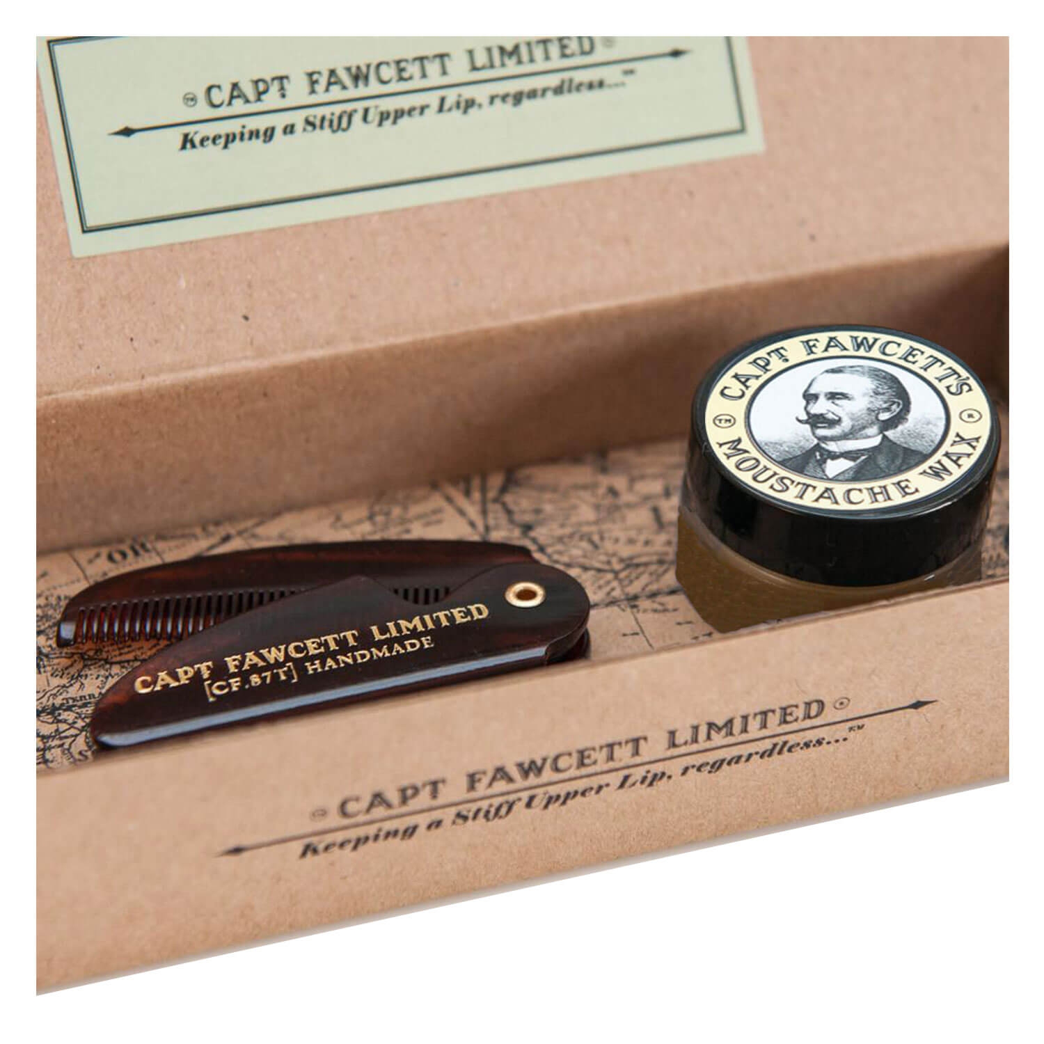 Produktbild von Capt. Fawcett Care - Sandalwood Moustache Wax & Folding Pocket Moustache Comb Kit